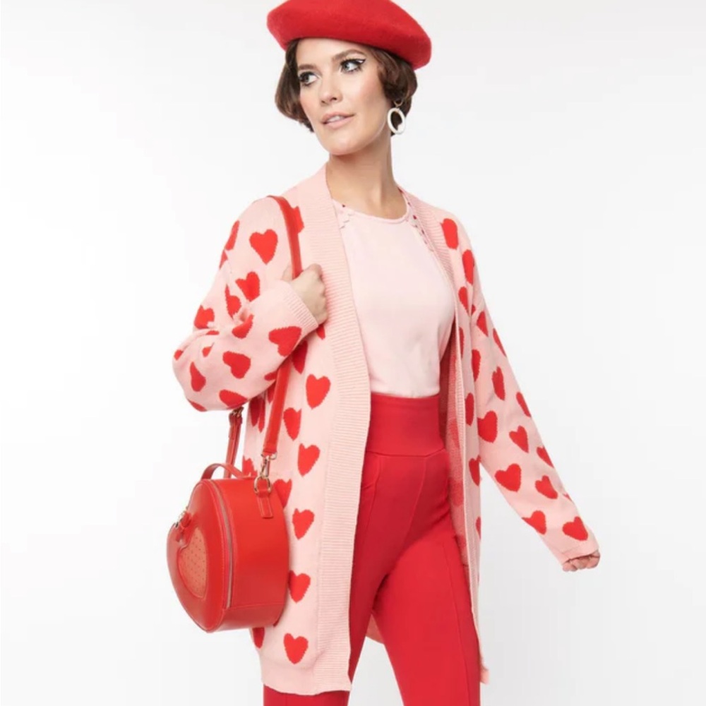 NWT Unique Vintage Magnolia Place Red & Light Pink Hearts Open Cardigan-One Size